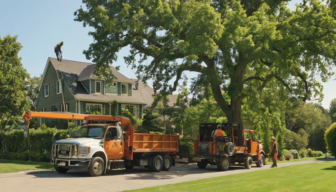 Tree removal provider lowering a large backyard tree in sections beside a frame house in the Strongsville area